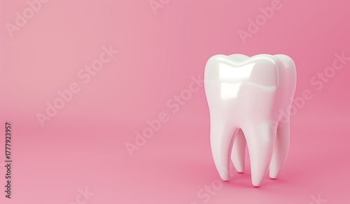 A clean white tooth standing on a pink background, representing dental hygiene, oral care, beauty, and perfect healthy teeth.