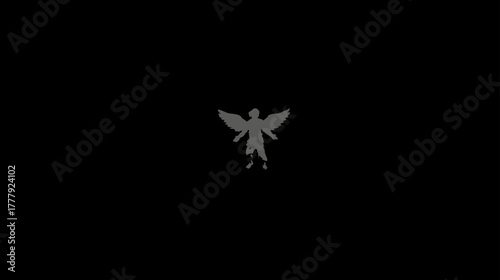 Ethereal grey angel silhouette with feathered wings on a dark black background, symbolizing divine spirit, peace, and mysticism.