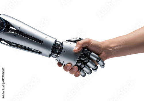 Close up of a human hand and a robotic arm shaking hands in a gesture of partnership and collaboration isolated on transparent background