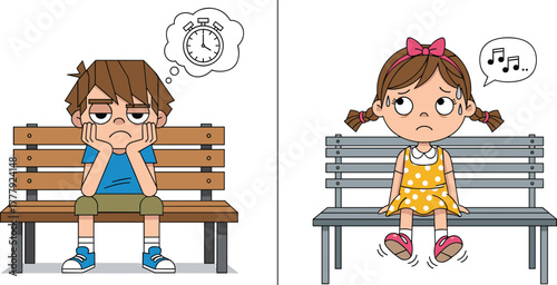 Bored cartoon boy and anxious girl sitting on separate benches waiting, kids impatience, time passing, childhood emotions, waiting problem, bored children illustration scene