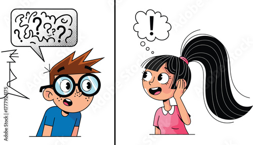 Cartoon boy confused with question marks, girl with idea and exclamation mark, communication concept, expression illustration, learning and understanding