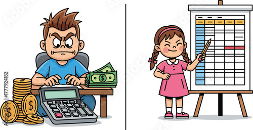Cartoon businessman calculating money and girl explaining data chart, financial education, accounting concept, business analysis, budgeting, finance learning, money management, planning illustration