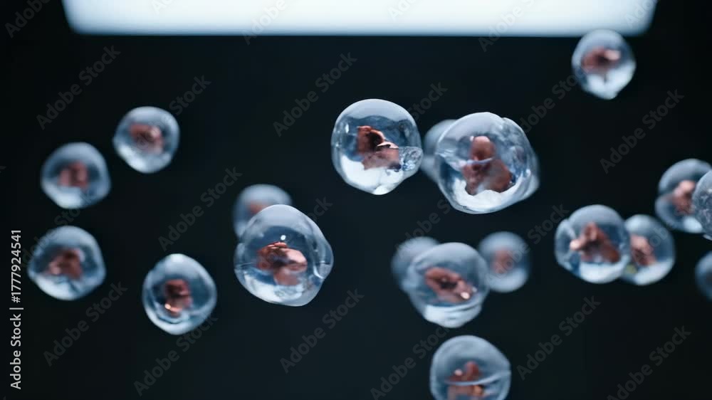 Floating embryo spheres drift silently. Close shot reveals cell ...