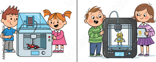 Children learning 3D printing technology, kids creating toys and robots, innovation education concept, digital manufacturing for students, STEM learning, futuristic classroom creativity