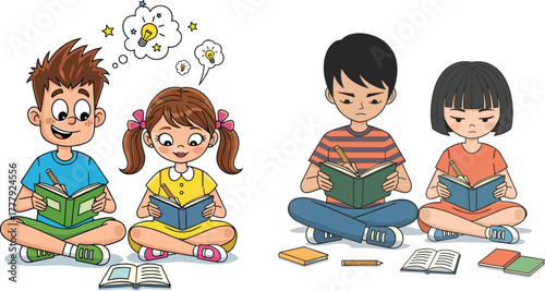 Children reading books together, happy and sad emotions, learning and education concept, creative idea and frustration comparison, study motivation, cartoon illustration for school project