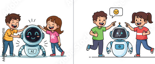 Cute cartoon kids playing with friendly AI robot, technology education concept, artificial intelligence illustration, future learning art, innovation and robotics interaction scene
