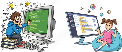 Cute cartoon kids learning computer programming, coding education for children, technology concept, digital skills development, STEM learning illustration, creative coding design, online learning art