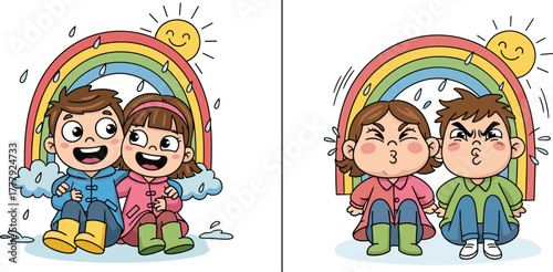 Cute cartoon kids showing happy and angry emotions under rainbow, funny child expressions, emotional contrast, colorful illustration, happiness and sadness, friendship and mood changes, adorable art