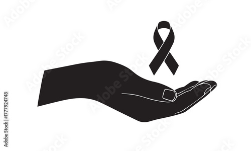 Black awareness ribbon held in open palm silhouette on white background black ribbon hand