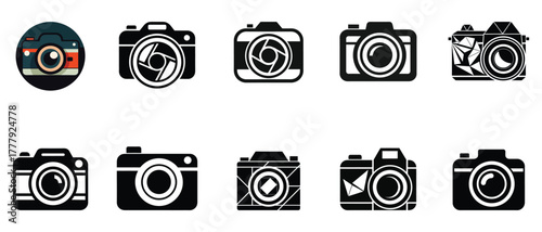 Camera icon set silhouette collection for photography and media design, lens vector symbols