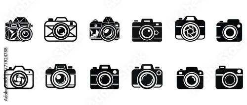 Camera icon set silhouette collection for photography and media design, lens vector symbols