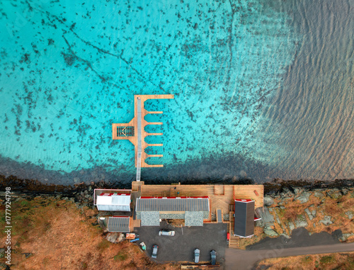 Aerial view of wooden pier,...