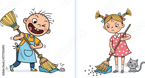Happy and grumpy kids sweeping floor with broom, children cleaning room cartoon illustration, boy and girl doing household chores and fun home activity together