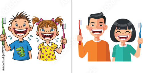 Happy children and adults brushing teeth, smiling faces with toothbrushes, dental hygiene, oral care education, cartoon and flat style illustration promoting healthy brushing habits daily