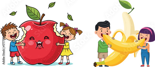 Happy children eating big fruits, kids enjoying apple and banana, healthy food concept, cartoon illustration promoting nutrition, fun eating habits, fresh fruit education art