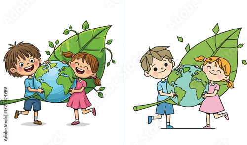 Happy children holding Earth with big green leaf, environmental protection, eco-friendly planet care illustration, sustainability education for kids, save nature, global ecology awareness