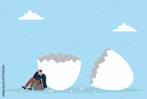 Vector illustration of a sad businessman sitting beside a cracked eggshell, symbolizing failure, lost opportunity, disappointment, business setback, and the collapse of new ideas or dreams
