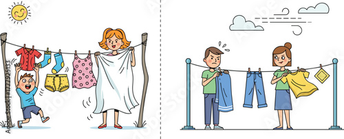 Happy family hanging laundry outdoors illustration, kids helping parents dry clothes in sunny and windy weather, teamwork and household chore cartoon vector concept design