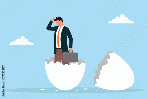 Vector illustration of a businessman emerging from an eggshell with a briefcase, symbolizing new beginnings, career growth, innovation, opportunity, and the birth of fresh ideas in business
