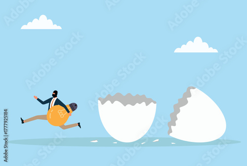 Vector illustration of a masked businessman running with a stolen light bulb from a cracked eggshell, symbolizing idea theft, intellectual property stealing, plagiarism, and creative fraud concept
