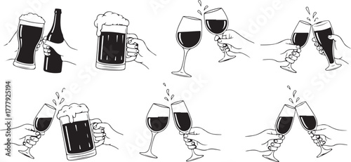 Hands toasting various drinks: beer, wine, champagne celebration