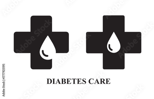 Black medical cross icons with white water drop symbols and text diabetes care health healthcare