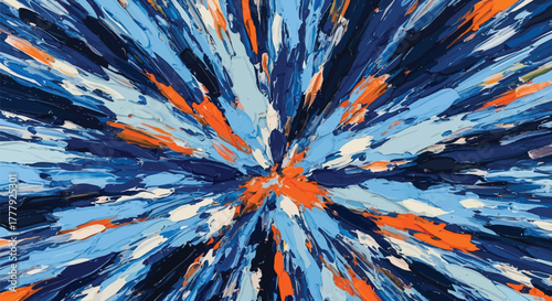 Vector illustration of abstract explosion of blue, orange, and white paint strokes radiating from the center, creating a dynamic and energetic visual effect
