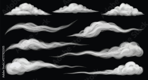Vector illustration of collection of stylized clouds and smoke wisps on a