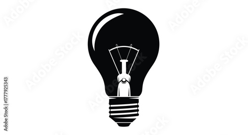 Vector illustration of a black silhouette of a light bulb with a white filament and screw base, isolated on a
