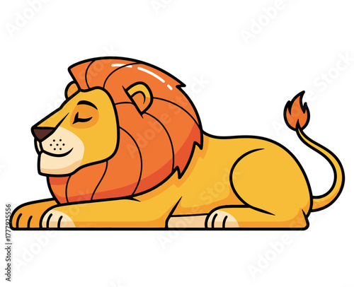 Peaceful cartoon lion resting with eyes closed on a white background.