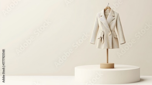 Elegant Striped Trench Coat Displayed on Minimalist Wooden Stand Against Soft Neutral Background