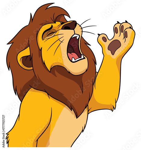 Majestic lion with open mouth in a powerful yawn, showing its impressive mane and paw.