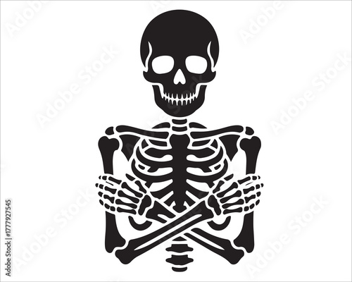Human Skeleton with Crossed Arms Illustration – Black and White Vector Skull and Bones Design Symbolizing Death, Anatomy, Halloween, and Gothic Art Style for Tattoos or Graphic Use