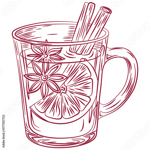 Christmas mulled wine cup with citrus, anise and cinnamon. Cup for Xmas, New year or winter holidays. Vector line art winter drink. Mug of hot wassail with cinnamon