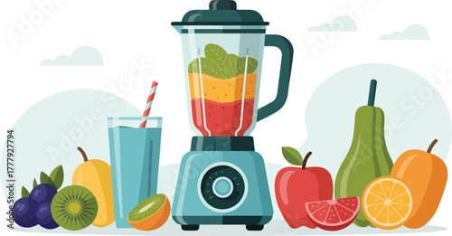Blender making a fresh fruit smoothie for a healthy lifestyle and detox diet concept flat vector illustration