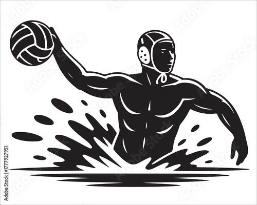 Dynamic Water Polo Player Illustration – Strong Athlete Throwing Ball in Action Pose with Splashing Water, Symbolizing Strength, Competition, and Team Sport in Black and White Vector Art
