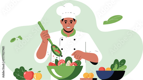 Chef cooking and mixing a fresh healthy vegetable salad in a bowl flat vector illustration