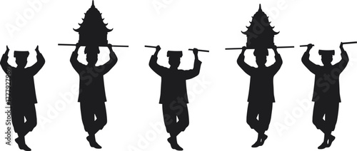 Traditional Asian cultural parade with men carrying temple structures, heritage festival celebration, folk dance, and symbolic spiritual procession silhouette art.
