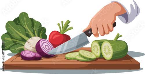 Chef hand chopping fresh vegetables with a knife on a wooden cutting board for healthy cooking
