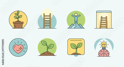 Set of Vibrant Outline Icons Representing Growth Success and Innovation Concepts.