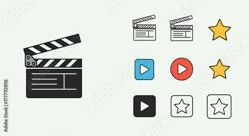 A collection of movie and video player icons including clapperboard play button and star symbols.
