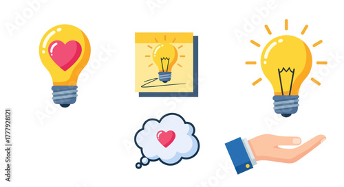 Collection of light bulb icons representing ideas love and support.