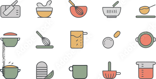 Collection of color kitchen utensil and cookware icons for cooking food minimal flat vector illustration