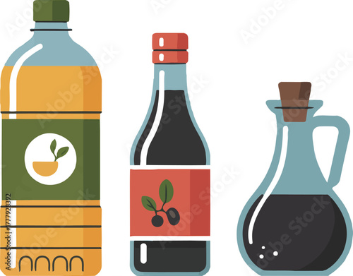 Collection of cooking condiments with oil soy sauce and vinegar bottles isolated flat vector illustration