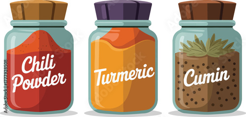 Collection of labeled glass jars with chili powder turmeric and cumin spices for cooking isolated vector illustration