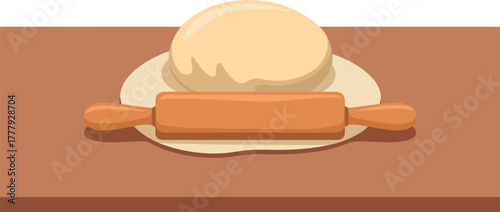 Dough and rolling pin on a wooden table for baking bread or pizza vector illustration