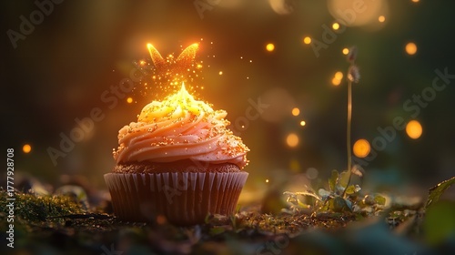 A glowing cupcake with orange frosting and magical fairy dust, set in a whimsical forest with bokeh lights