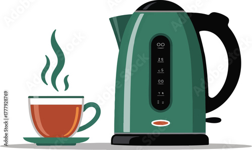 Electric kettle with a hot cup of tea for breakfast or break time flat vector illustration
