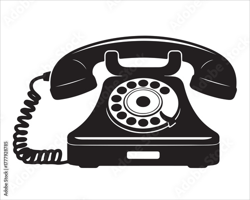 Retro Rotary Dial Telephone Icon – Classic Black Vintage Phone Vector Illustration Representing Communication, Technology History, and Nostalgic Design Concept