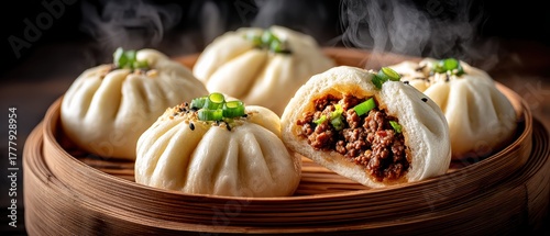 Steamed baozi buns nestled in a bamboo steamer warm and fluffy